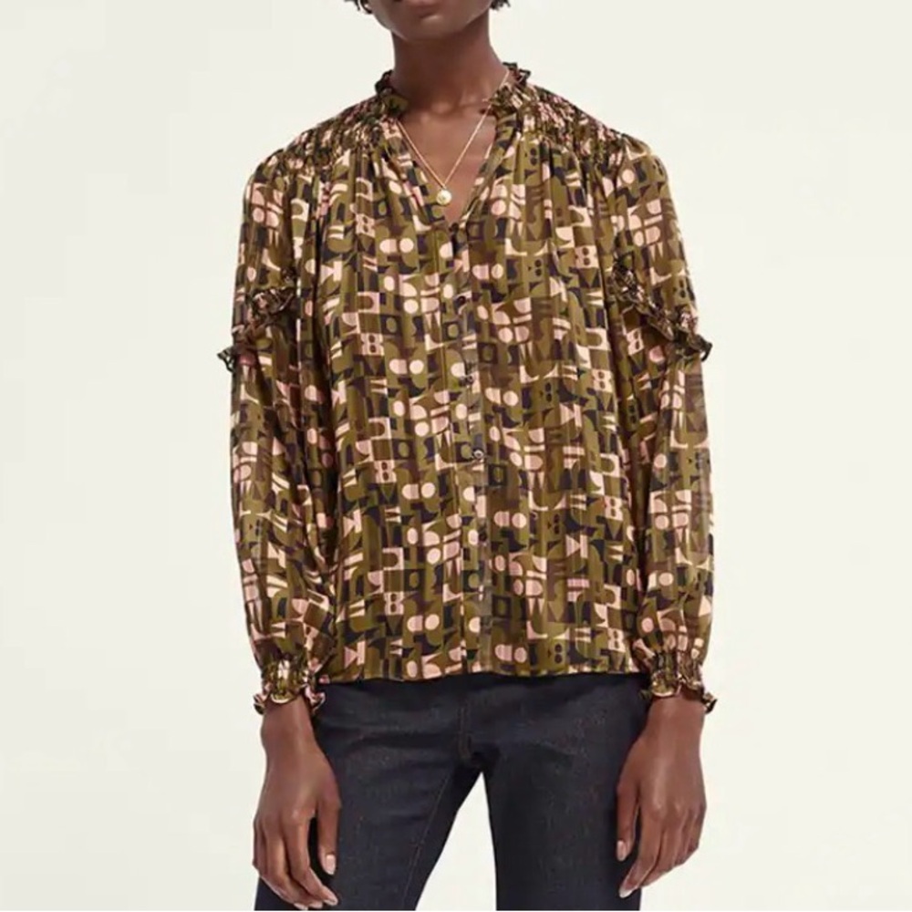 Scotch & Soda Olive, Pink & Olive Green Smocked Geometric Top